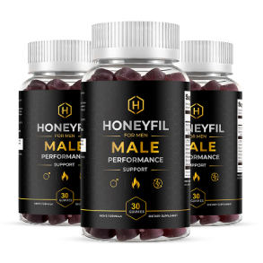 HoneyFil men's vitality gummy bottle showing the disclosed eight-ingredient formula